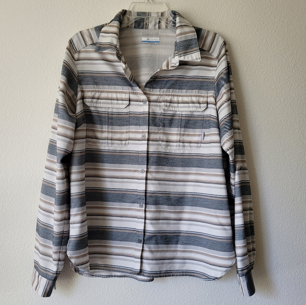 Columbia Vented Hiking Fishing Shirt Button Up Long Sleeve Striped Blue White